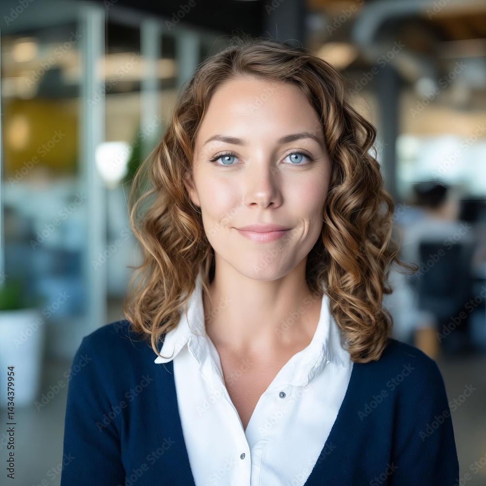 Fototapeta premium A woman with curly hair and a white shirt smiles at the camera
