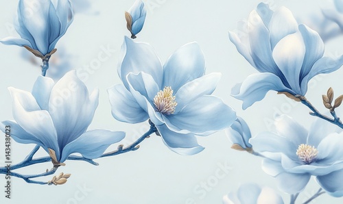 Serene blue magnolia blossoms in watercolor style