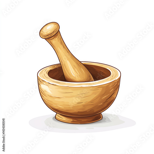 A wooden mortar and pestle, classic kitchen tools for grinding spices and herbs, symbolizing traditional cooking methods.