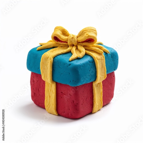 Colorful gift box made of modeling clay with bow, isolated on white background