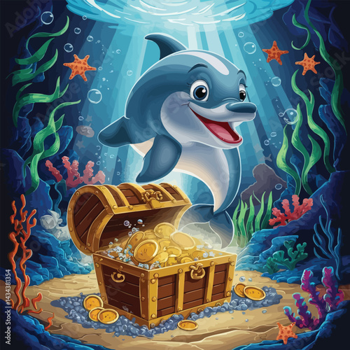 Playful Dolphin with Treasure Chest Under the Sea