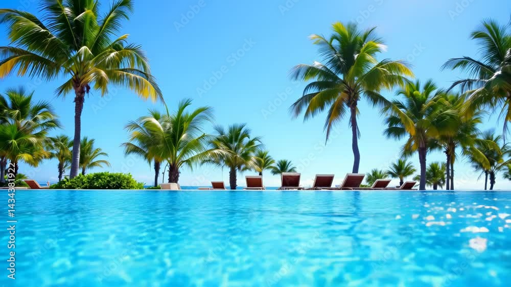 Clear blue infinity pool with row of sun loungers under bright tropical sky surrounded by palm trees, concept of tropical relaxation and luxury travel Clear blue infinity pool with row of sun loungers under bright tropical sky surrounded by palm trees, concept of tropical relaxation and luxury travel