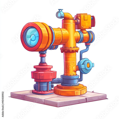 Colorful illustration of a modern industrial valve and piping system, showcasing engineering and technology in action.
