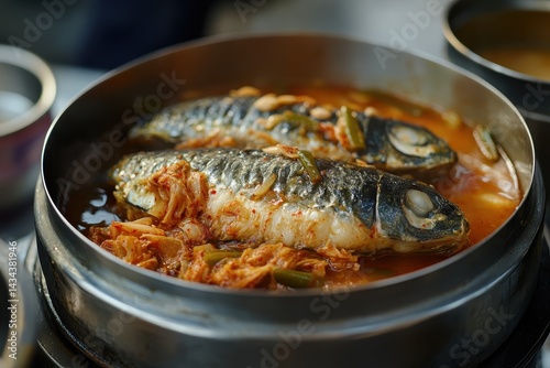 Detailed view of cooked saury and aged kimchi in a metal pot beside an empty jar South Korea photo