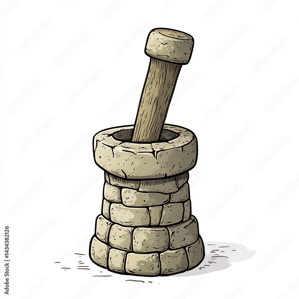A traditional stone mortar and pestle, ideal for grinding spices and herbs, showcasing a rustic kitchen tool with a textured surface.