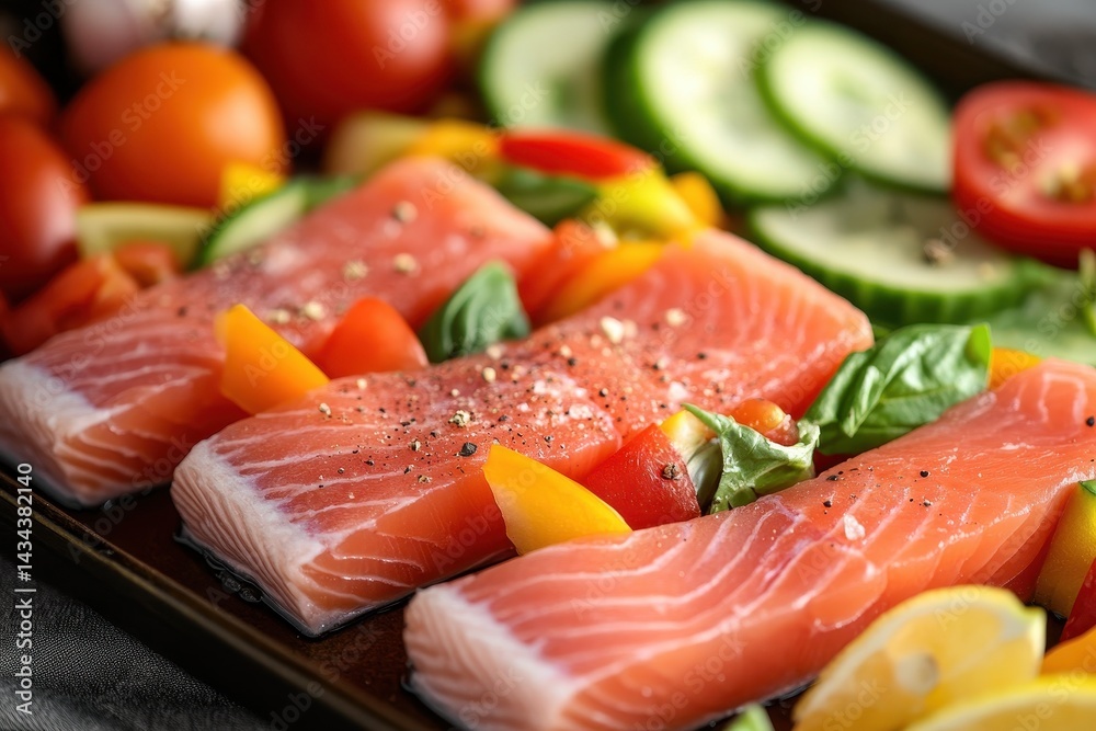 Detailed view of newly sliced raw red trout fillets or arctic char Detailed view of newly sliced raw red trout fillets or arctic char