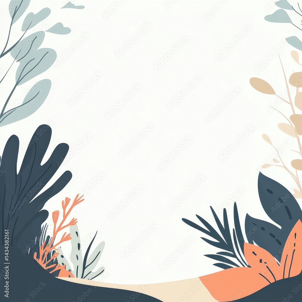 Fototapeta premium Flat illustration of a cute jungle scene featuring plants and leaves on the left, ample white space for text, with a simple, high-contrast design.