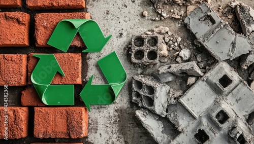 A green recycling symbol sits between a brick wall and a pile of construction debris, symbolizing the importance of recycling construction materials