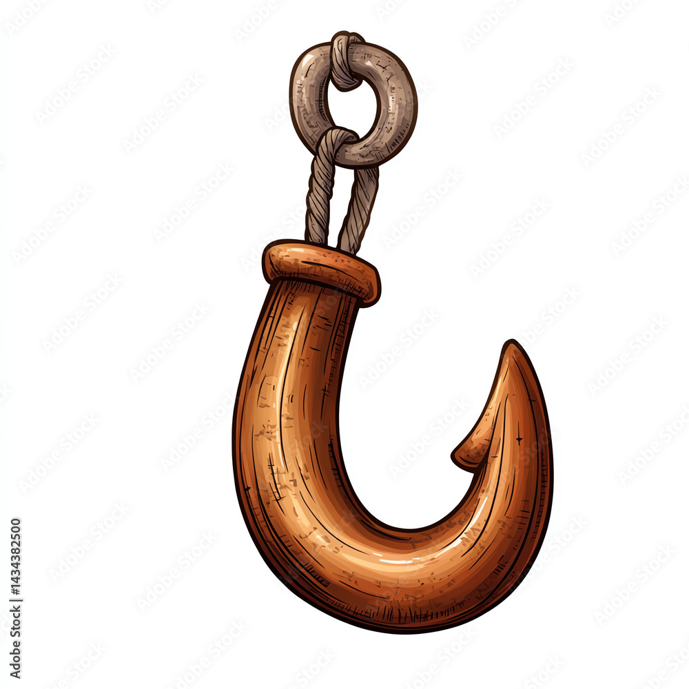 A detailed illustration of a wooden fishing hook, showcasing craftsmanship and design for fishing enthusiasts.
