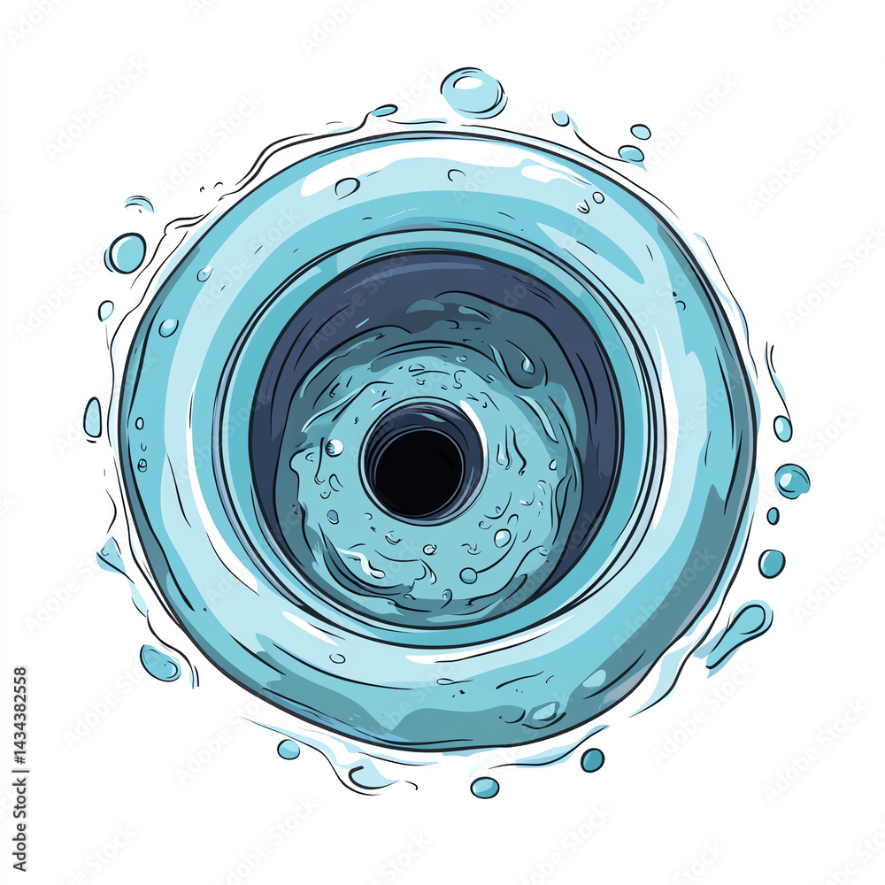 An artistic depiction of a water drain surrounded by splash effects, emphasizing the beauty of water movement and flow.