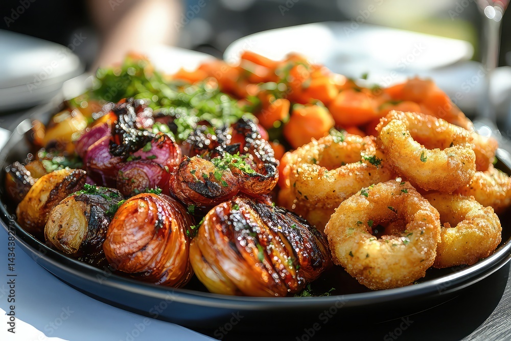 Fototapeta premium roasted vegetables beside a deep-fried onion ring platter