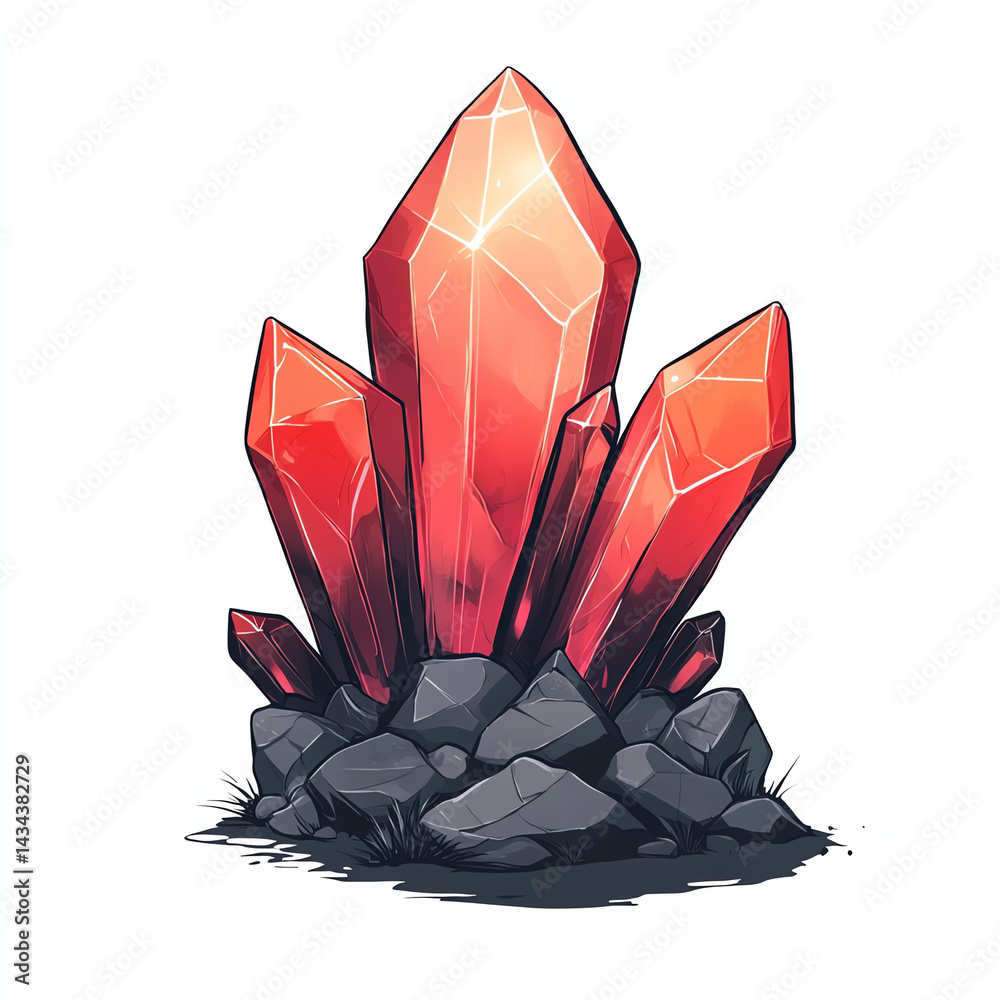 A detailed illustration of vibrant red crystals emerging from a rocky base, showcasing the beauty of mineral formations in nature.