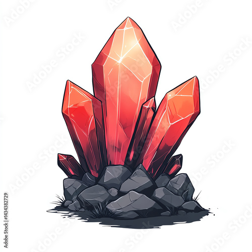 A detailed illustration of vibrant red crystals emerging from a rocky base, showcasing the beauty of mineral formations in nature.