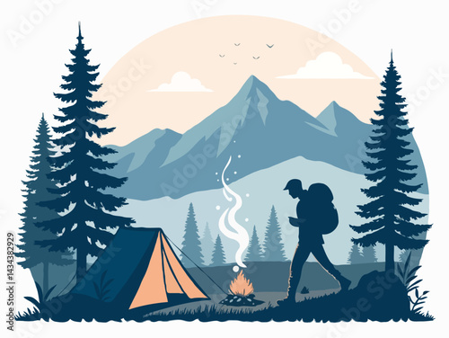 Camping Retreat in the Mountains - Flat Vector Illustration