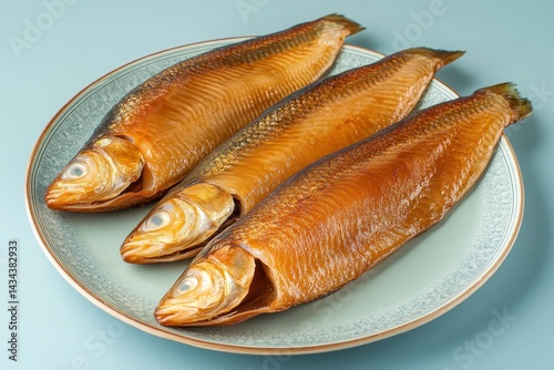 Dish of smoked herring on blue backdrop