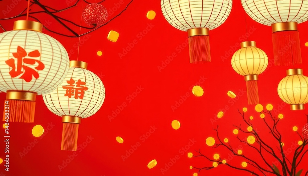 Obraz premium Chinese New Year Festivity: Lanterns, Coins, and Red Background