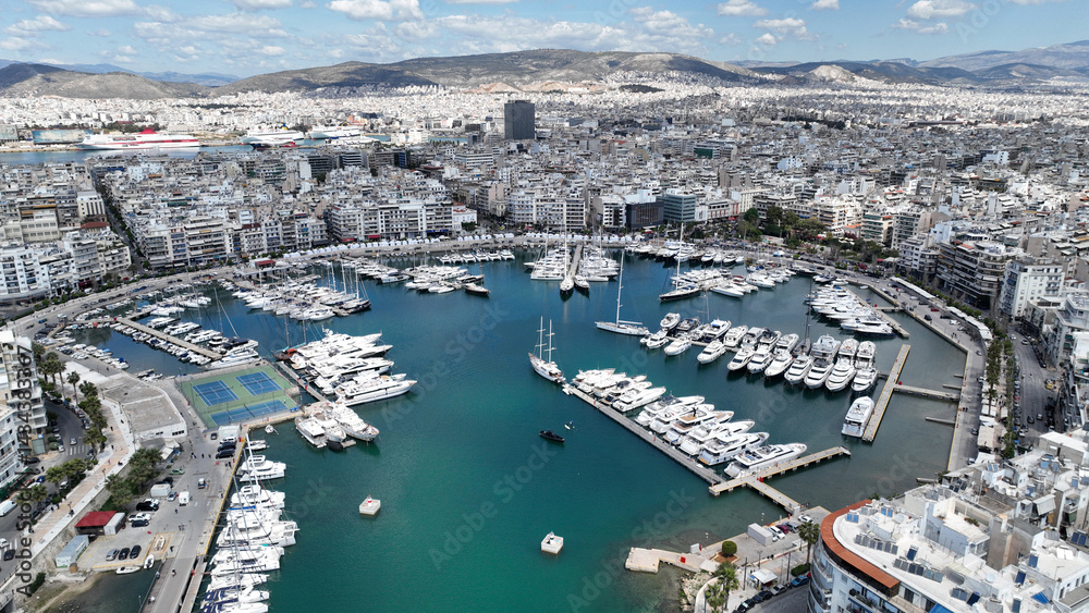 Fototapeta premium Aerial drone photo of beautiful round harbour and Marina of Zea or Passalimani in the heart of Piraeus as seen from high altitude, Attica, Greece