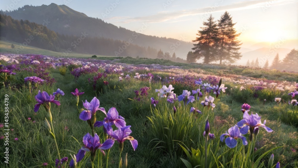 Obraz premium Sunrise Iris Meadow Misty Mountain Landscape