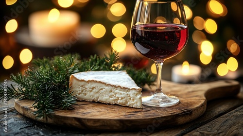Wine, cheese, greenery, & lights. Cozy festive scene