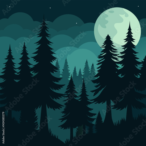 A dense forest with towering pine trees in silhouette against a full moon., trees in the forest	