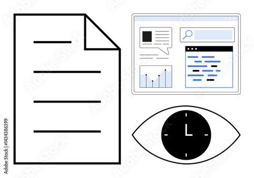File with lines, webpage featuring analytics and text, eye with clock representing review process. Ideal for project management, analytics, time tracking, productivity, data analysis, planning