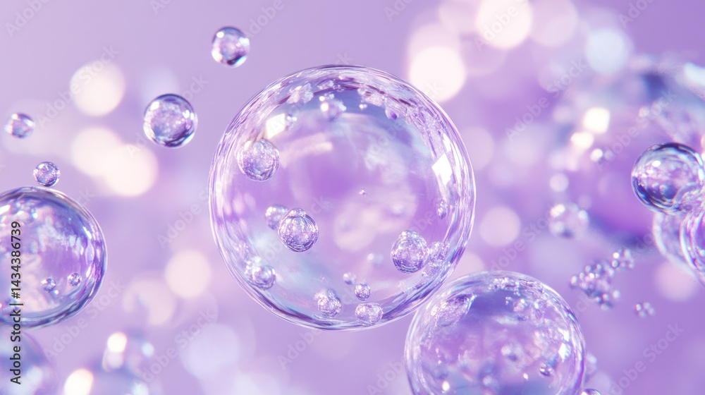 Floating iridescent bubbles, purple background, bokeh, skincare ad Floating iridescent bubbles, purple background, bokeh, skincare ad