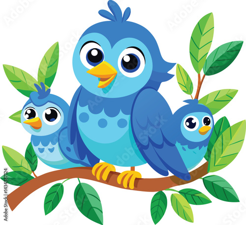 Happy Blue Bird Family on a Branch
