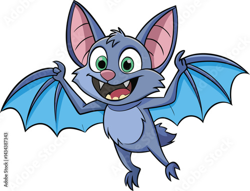 Happy bat cartoon flying, cartoon flat vector illustration isolated on white background. Bats flying and hanging upside down on branch. Halloween symbol. Collection of animal drawings.