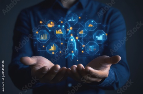 A man holds a futuristic rocket surrounded by data visualizations, symbolizing innovation and growth