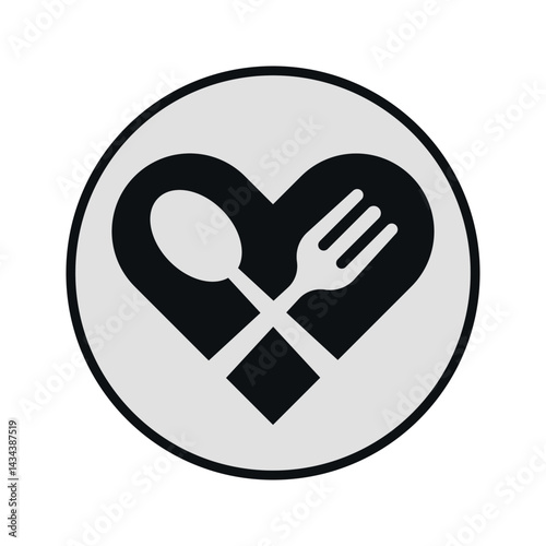 Minimalist Black and White Food Logo with Heart Shape, Spoon and Fork – Restaurant and Dining Icon