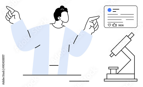 Person in lab coat presenting data alongside a microscope and a social media-style analytics card. Ideal for science, research, technology, innovation, social media, education, simple landing page