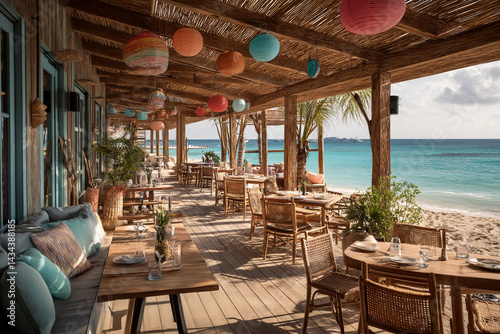 Beach restaurant with wooden tables, chairs, and a thatched roof, colorful paper lanterns hanging overhead, offering a relaxed ambiance near the ocean