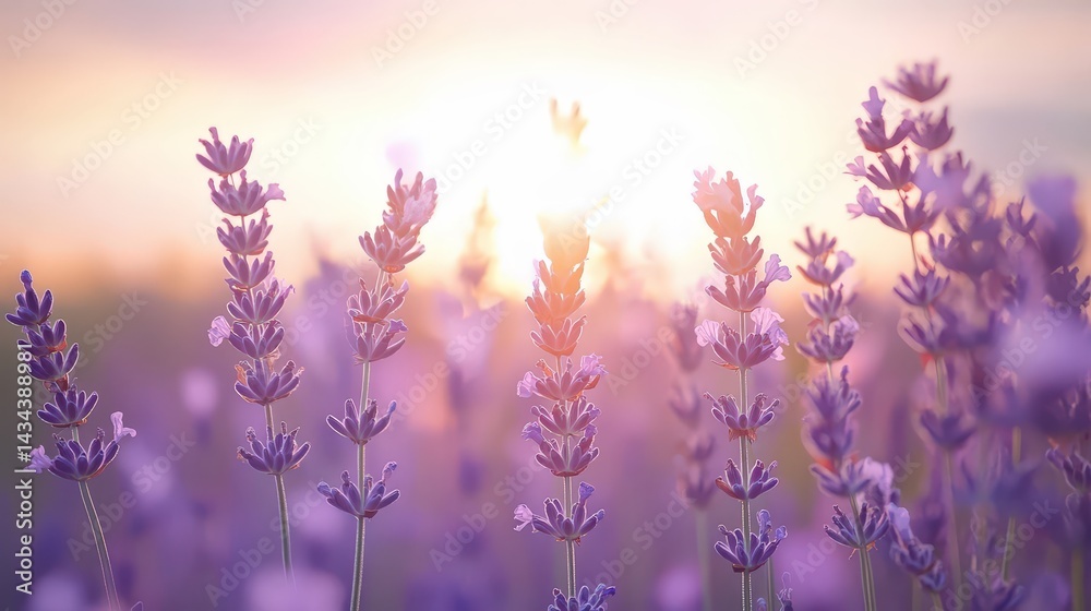 Obraz premium A Beautiful Lavender Field at Sunset, Flowers in Purple Blooming Light.