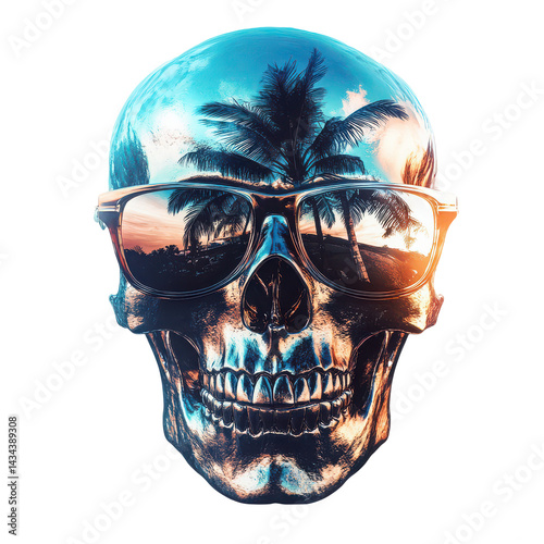 Wallpaper Mural Skull with sunglasses and palm tree reflection for a cool summer vibe, Isolated Transparent Background Torontodigital.ca