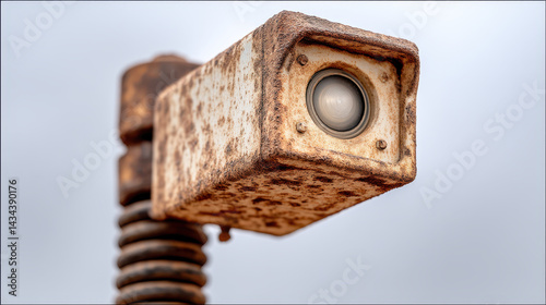 Detailed image of corner mounted floodlight fixture showing rust and wear, highlighting its industrial design and texture
