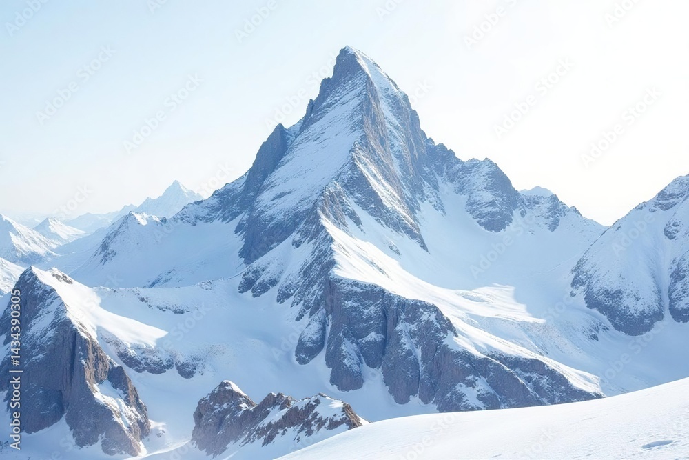 Fototapeta premium Snow-covered mountain peak against bright white sky, landscape, winter, peak