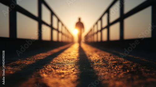 Dramatic over shoulder shot of lone worker walking towards sunset, casting long shadows on path