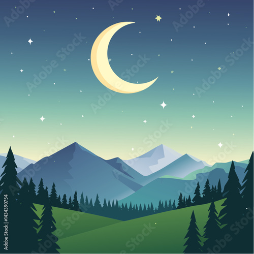 A serene mountain range under a starry night sky with a glowing crescent moon