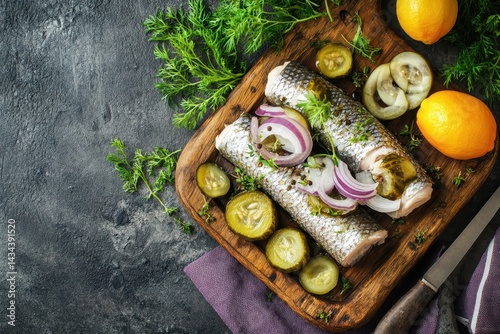 Gourmet rollmops appetizer featuring herring onions and pickles served on a rustic tableideal for pescatarians and vegetarians