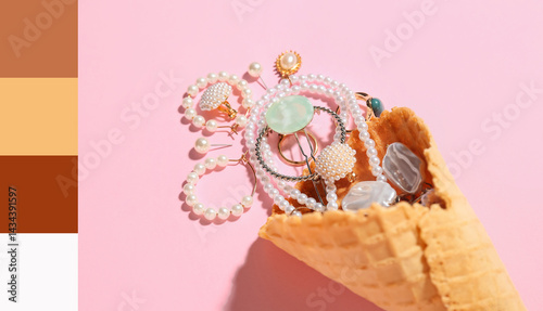 Waffle cone with jewelry on pink background, closeup