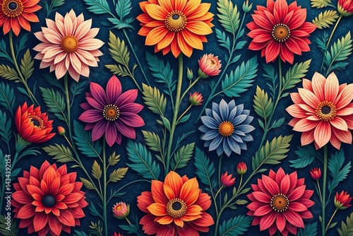 Intricate floral textile design, repeating motif , print, repeat, stitching