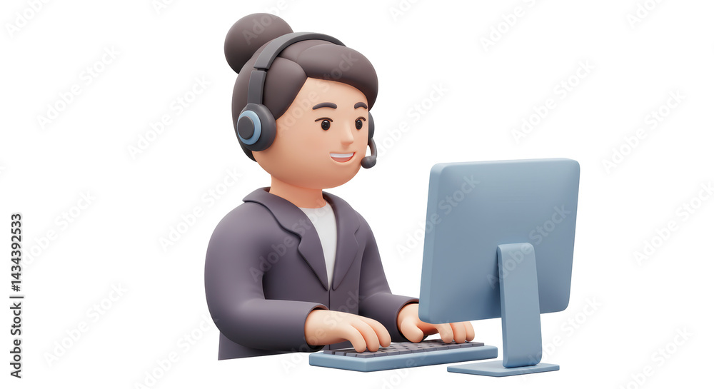 Isolated 3D Render of a Smiling Woman Working at a Computer with a Headset Isolated 3D Render of a Smiling Woman Working at a Computer with a Headset