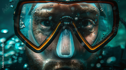 Diver person scuba tank aquanaut breathing tube. Vintage divers mask, oxygen tank mask. Scuba suit technical diving, diving pressure, scuba mask diver skull selfie diving mask