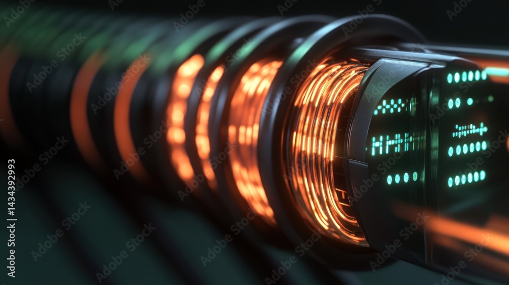 Futuristic energy conduit glowing, dark background, science fiction Futuristic energy conduit glowing, dark background, science fiction