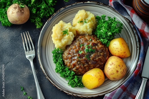 Haggis served with turnips and potatoes classic Scottish fare for Burns Night