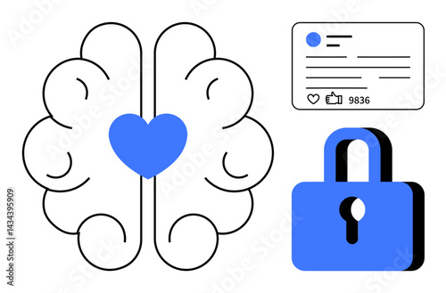Brain with heart symbolizing emotional intelligence, social media post with thumbs ups for engagement, padlock for security. Ideal for mental health, digital privacy, security, online identity