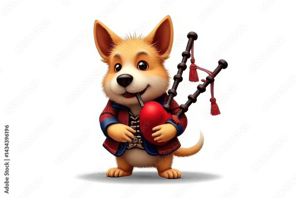 Fototapeta premium Whimsical Cartoon Scottish Terrier in Traditional Highland Attire Playing Tiny Bagpipes