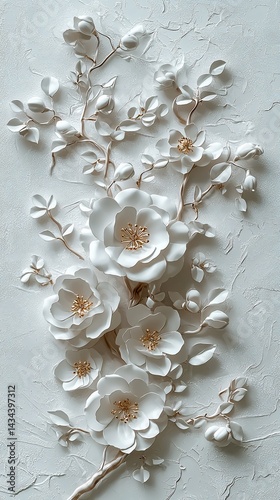 Wallpaper Mural White floral 3D relief art on textured background; home decor Torontodigital.ca