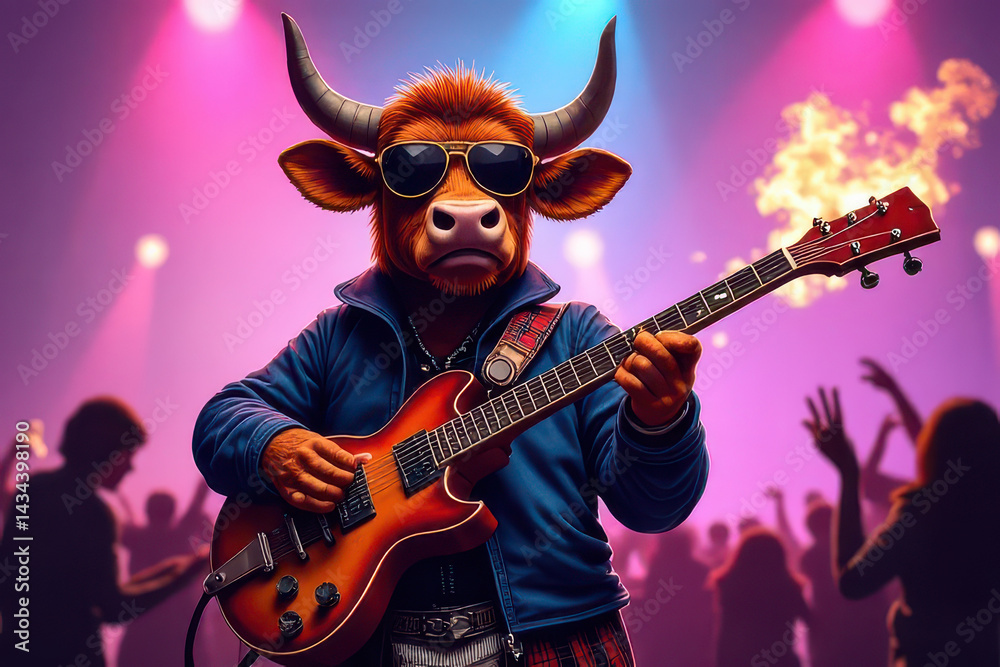 Obraz premium Highland Cow Rockstar: Electric Bagpipes & Funky Style at Fun Music Festival