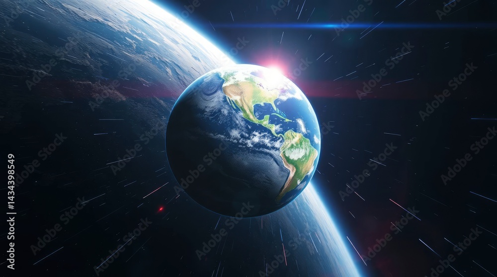 Fototapeta premium Earth View From Space with Sun Glare and Atmosphere